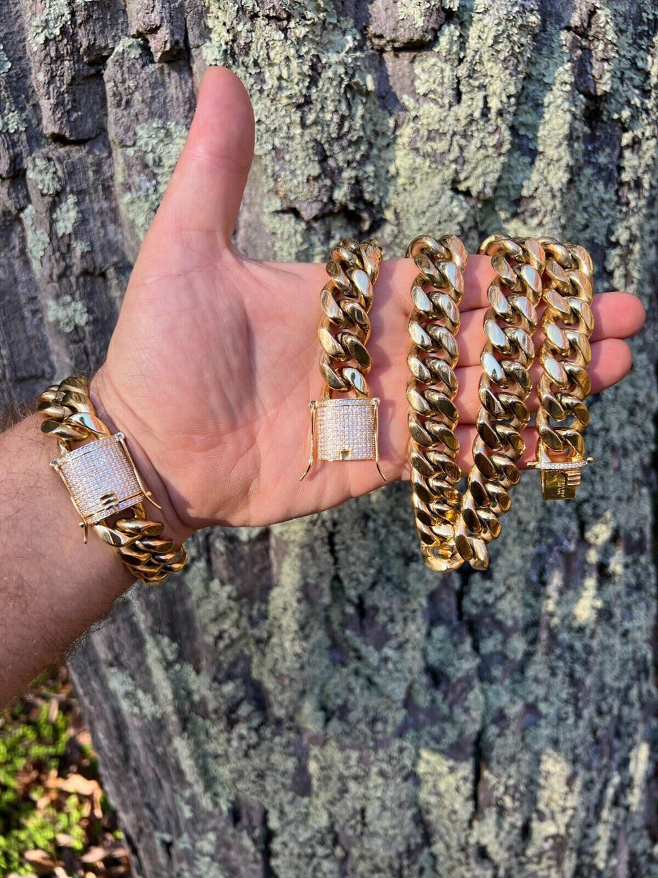 Kilo Cuban MOISSANITE CLASP Miami Cuban Link Chain Necklace Or Bracelet - 14k Yellow Gold Plated Stainless Steel - 7"-30" - 18mm