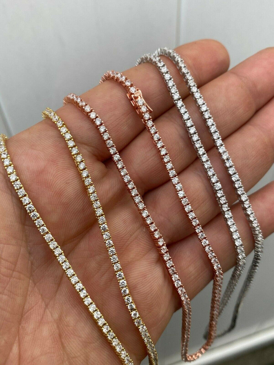 Micro Tennis Chain Necklace Iced Out CZ Stones - 14k Gold Vermeil, Rose Gold Vermeil Or 925 Silver - 2mm - 14"-28"