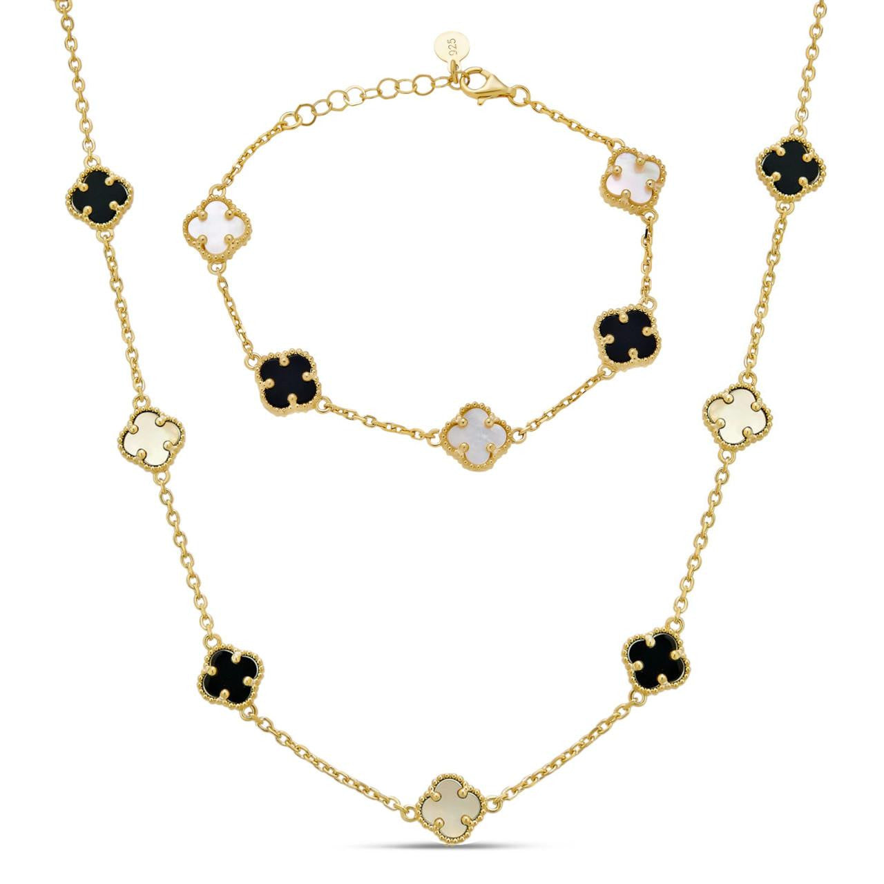Cleef Clover Link Chain Necklace Or Bracelet Natural Black Onyx & Mother Of Pearl Motifs - 14k Gold Vermeil 925 Sterling Silver - 5.5"-24"