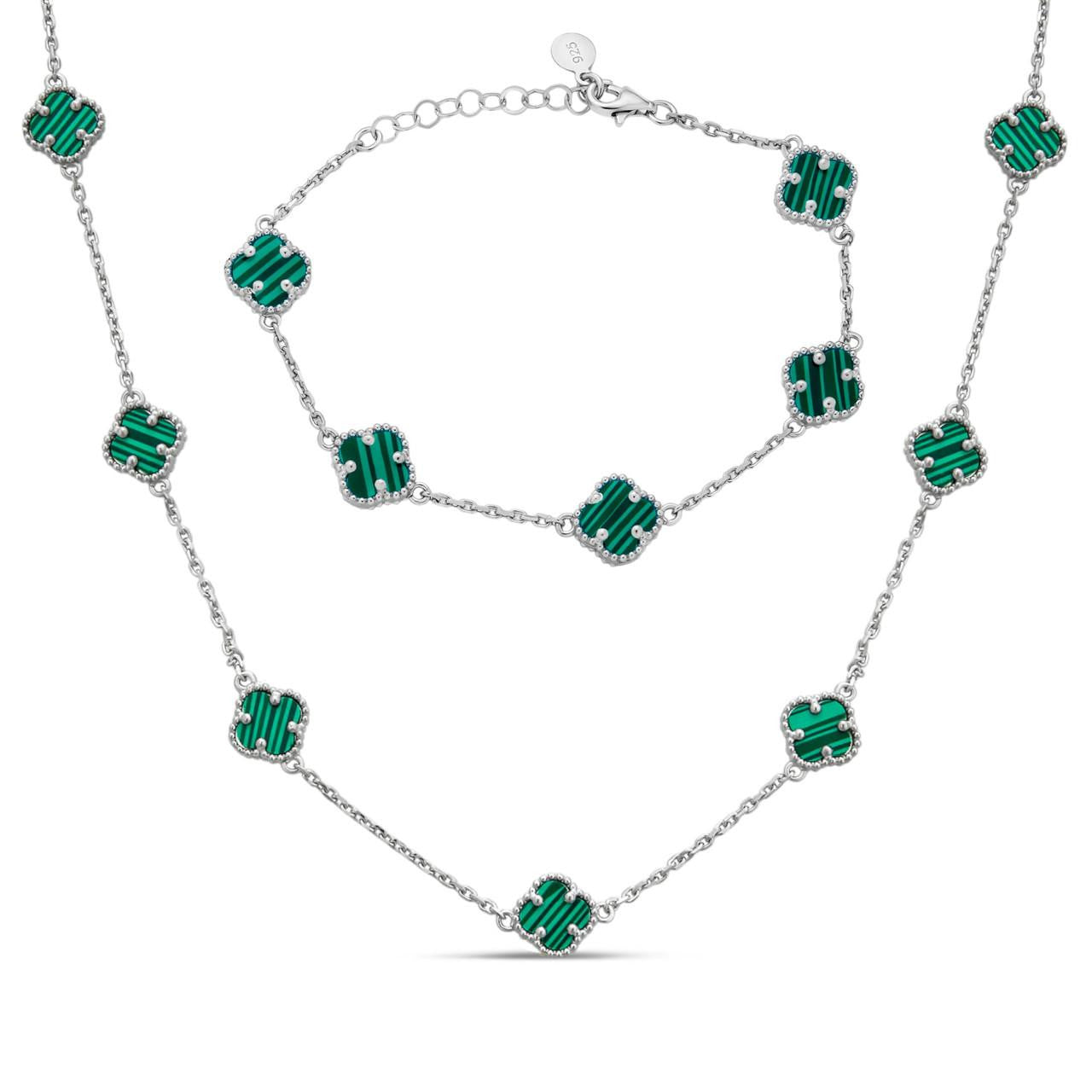 Cleef Clover Link Chain Necklace Or Bracelet Natural Green Malachite Motifs - 925 Sterling Silver - 5.5"-24"