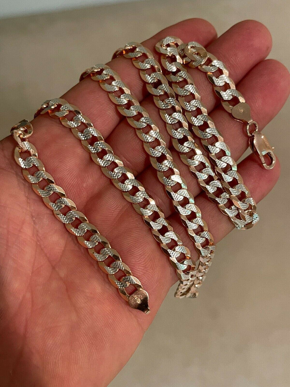 Flat Curb Cuban Chain Necklace - Two Tone Diamond Cut 14k Rose Gold Vermeil 925 Sterling Silver - 16"-30" - 3mm-10.5mm