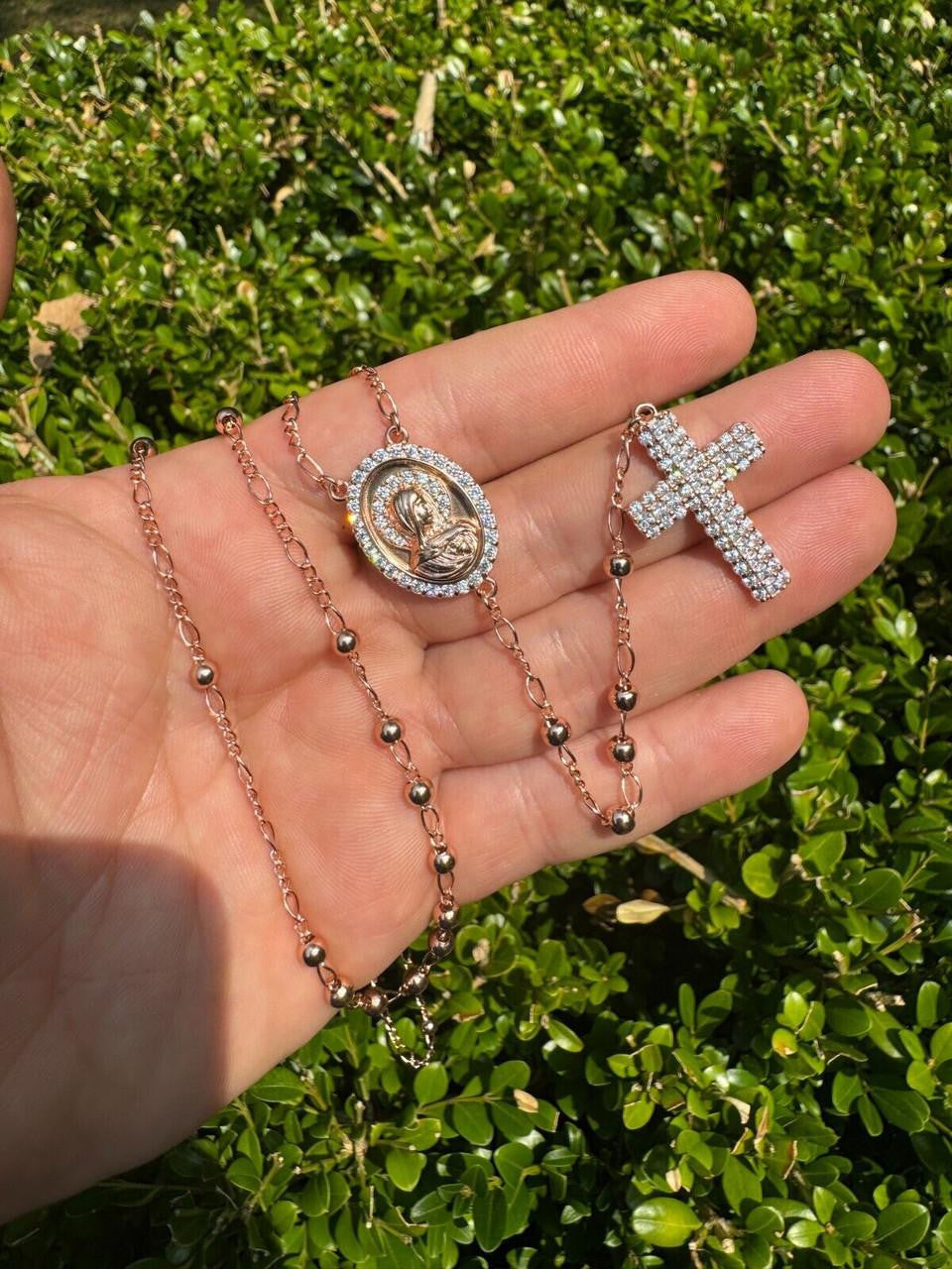 Holy Vatican Rosary Beads Necklace Iced Out CZ Stones - 14k Rose Gold Vermeil 925 Silver - 4mm - 30"