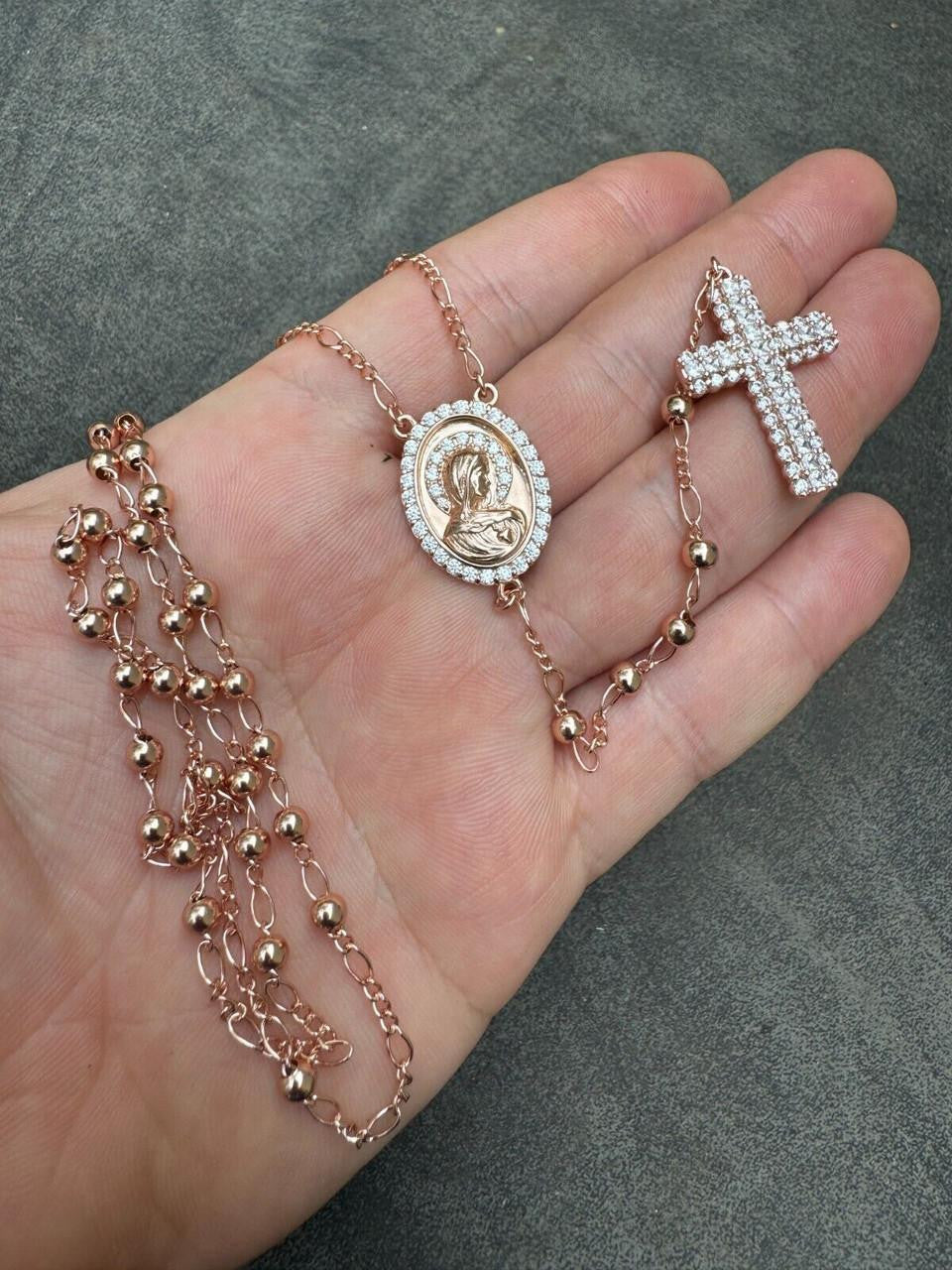 Holy Vatican Rosary Beads Necklace Iced Out CZ Stones - 14k Rose Gold Vermeil 925 Silver - 4mm - 30"