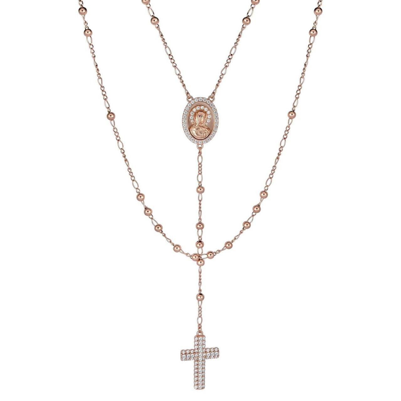 Holy Vatican Rosary Beads Necklace Iced Out CZ Stones - 14k Rose Gold Vermeil 925 Silver - 4mm - 30"