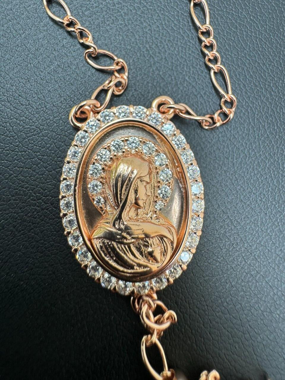 Holy Vatican Rosary Beads Necklace Iced Out CZ Stones - 14k Rose Gold Vermeil 925 Silver - 4mm - 30"
