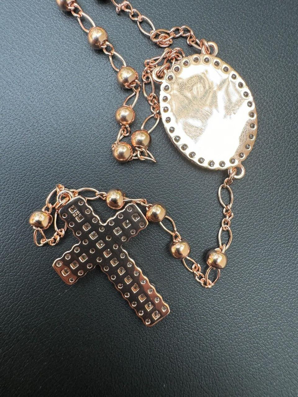 Holy Vatican Rosary Beads Necklace Iced Out CZ Stones - 14k Rose Gold Vermeil 925 Silver - 4mm - 30"