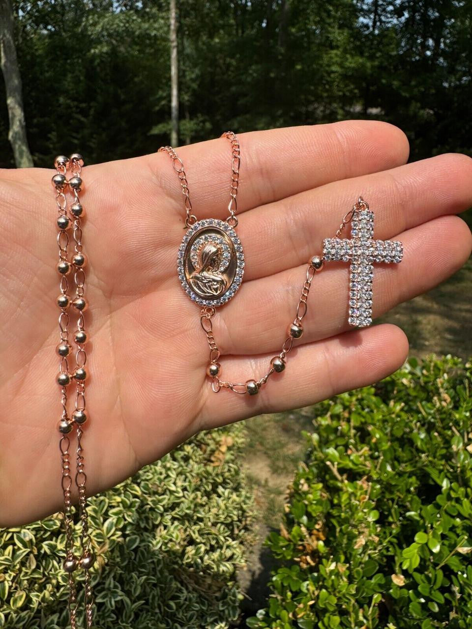 Holy Vatican Rosary Beads Necklace Iced Out CZ Stones - 14k Rose Gold Vermeil 925 Silver - 4mm - 30"