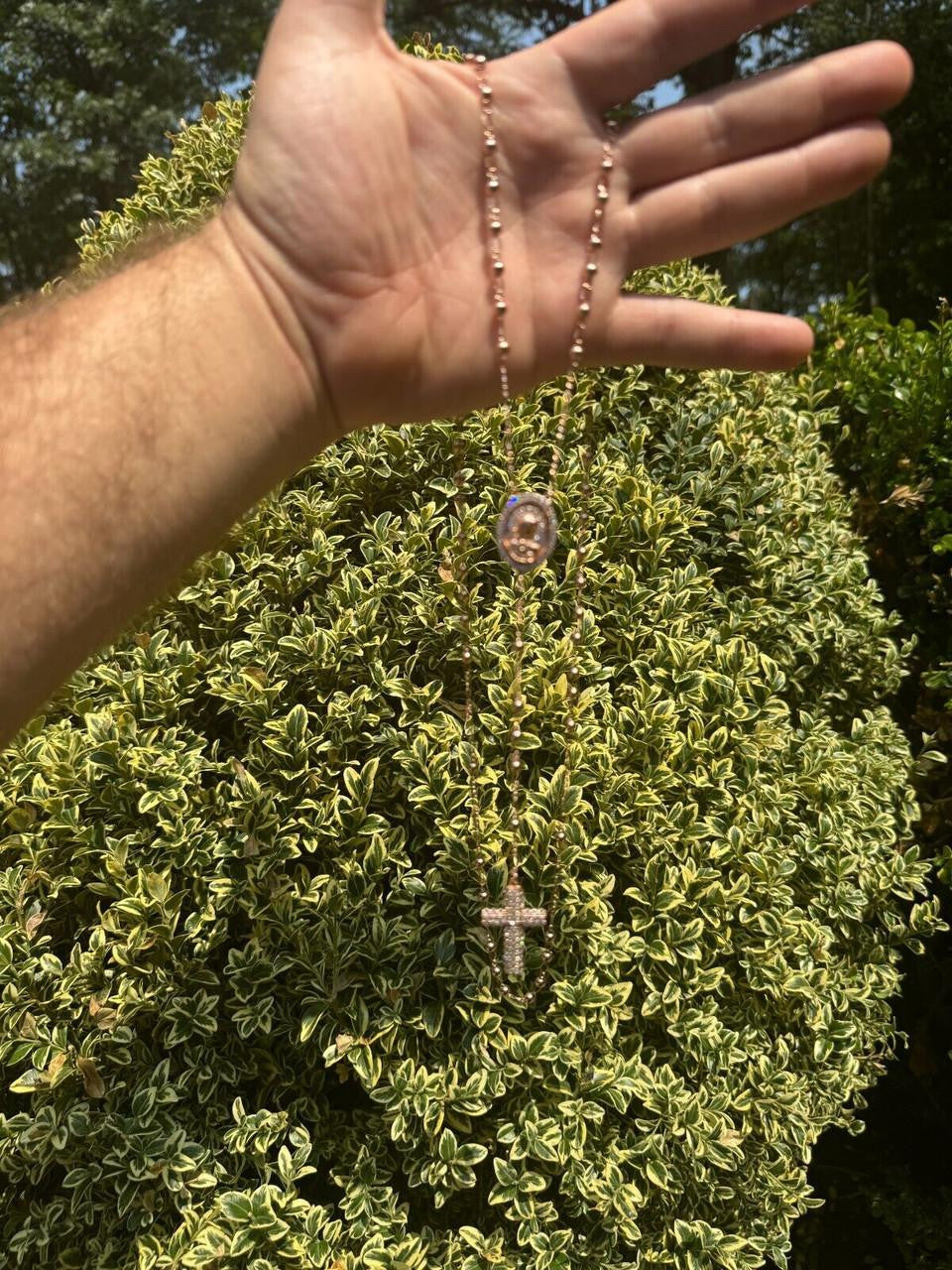 Holy Vatican Rosary Beads Necklace Iced Out CZ Stones - 14k Rose Gold Vermeil 925 Silver - 4mm - 30"