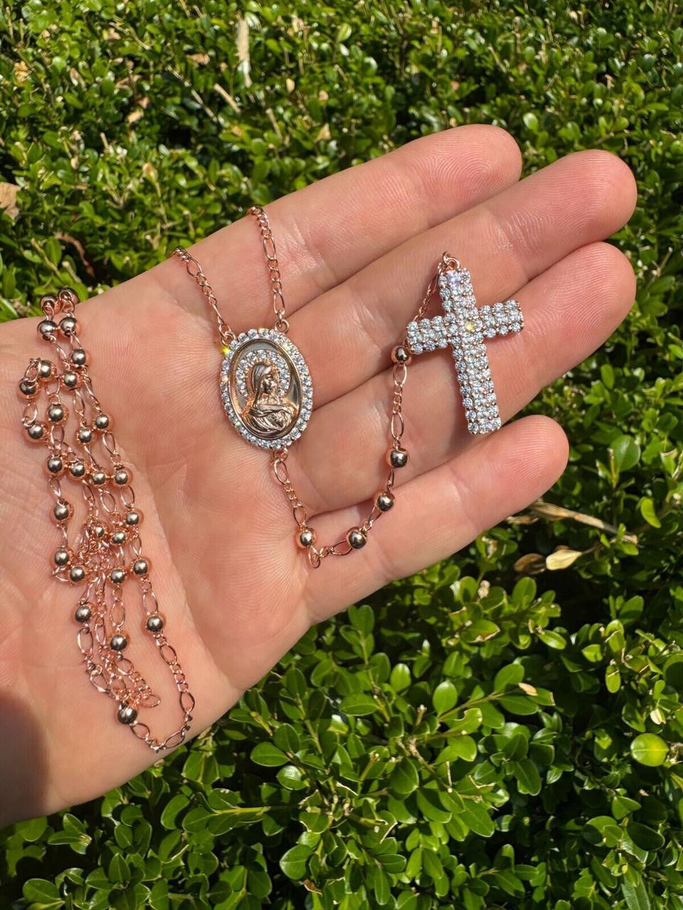 Holy Vatican Rosary Beads Necklace Iced Out CZ Stones - 14k Rose Gold Vermeil 925 Silver - 4mm - 30"
