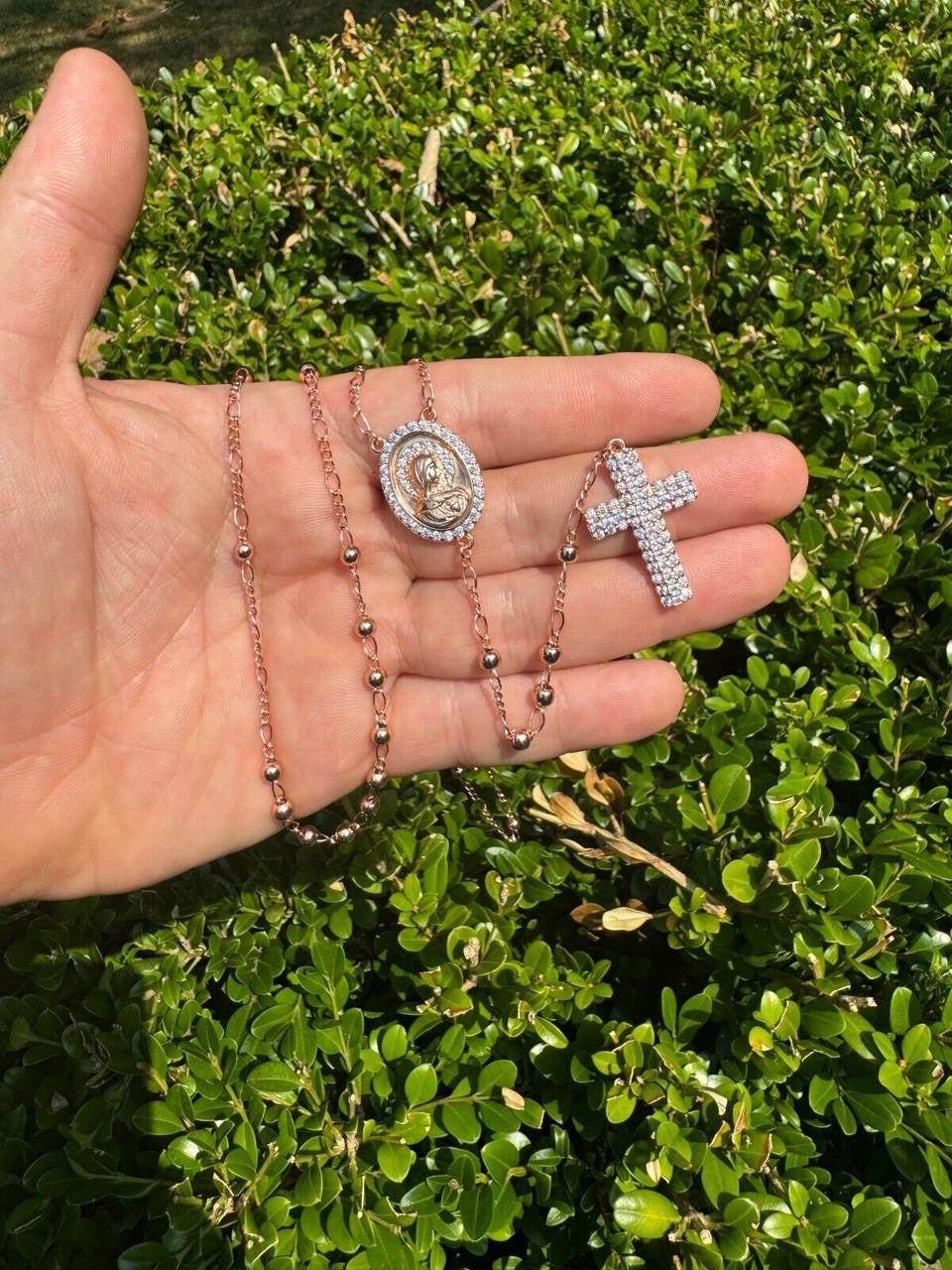 Holy Vatican Rosary Beads Necklace Iced Out CZ Stones - 14k Rose Gold Vermeil 925 Silver - 4mm - 30"