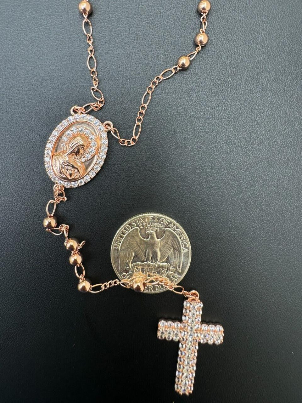 Holy Vatican Rosary Beads Necklace Iced Out CZ Stones - 14k Rose Gold Vermeil 925 Silver - 4mm - 30"