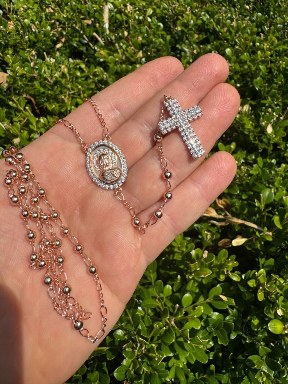 Holy Vatican Rosary Beads Necklace Iced Out CZ Stones - 14k Rose Gold Vermeil 925 Silver - 4mm - 30"