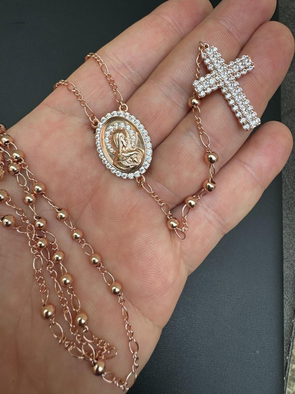 Holy Vatican Rosary Beads Necklace Iced Out CZ Stones - 14k Rose Gold Vermeil 925 Silver - 4mm - 30"