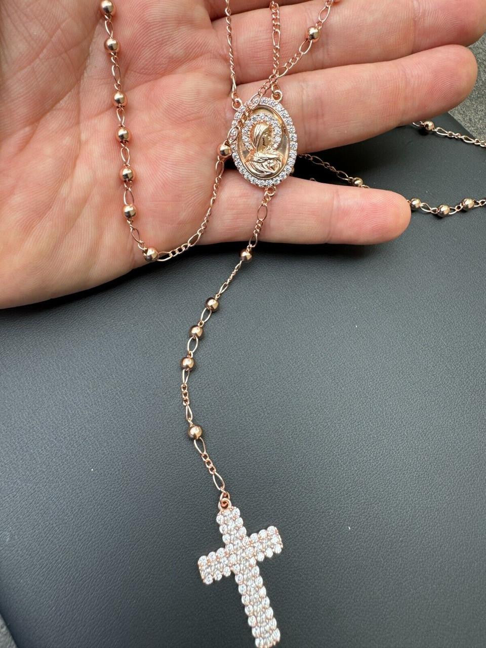 Holy Vatican Rosary Beads Necklace Iced Out CZ Stones - 14k Rose Gold Vermeil 925 Silver - 4mm - 30"