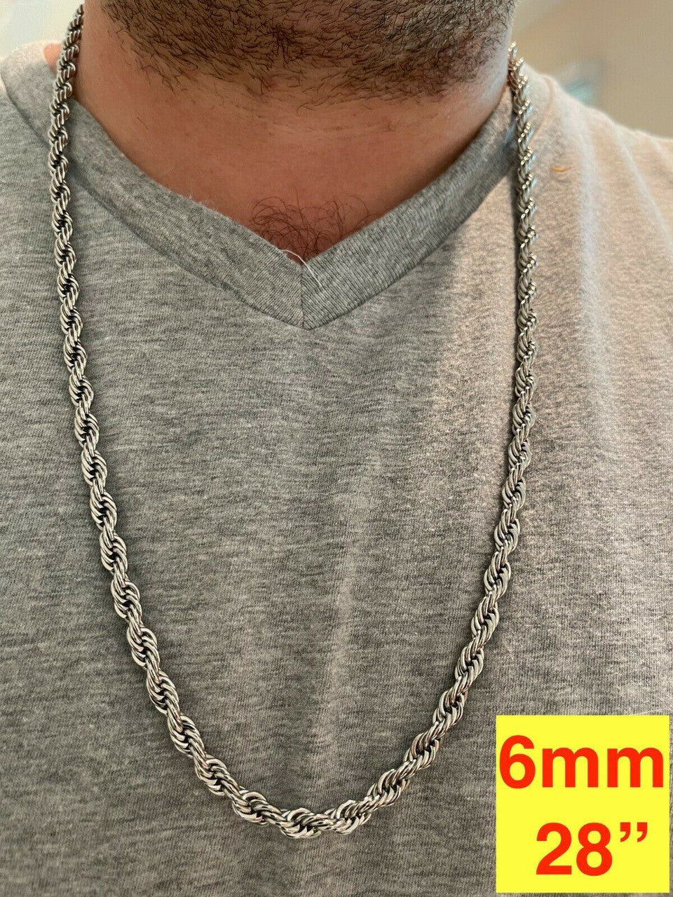 Rope Chain Necklace - White Gold Plated Stainless Steel - 18"-30" - 2mm-6mm