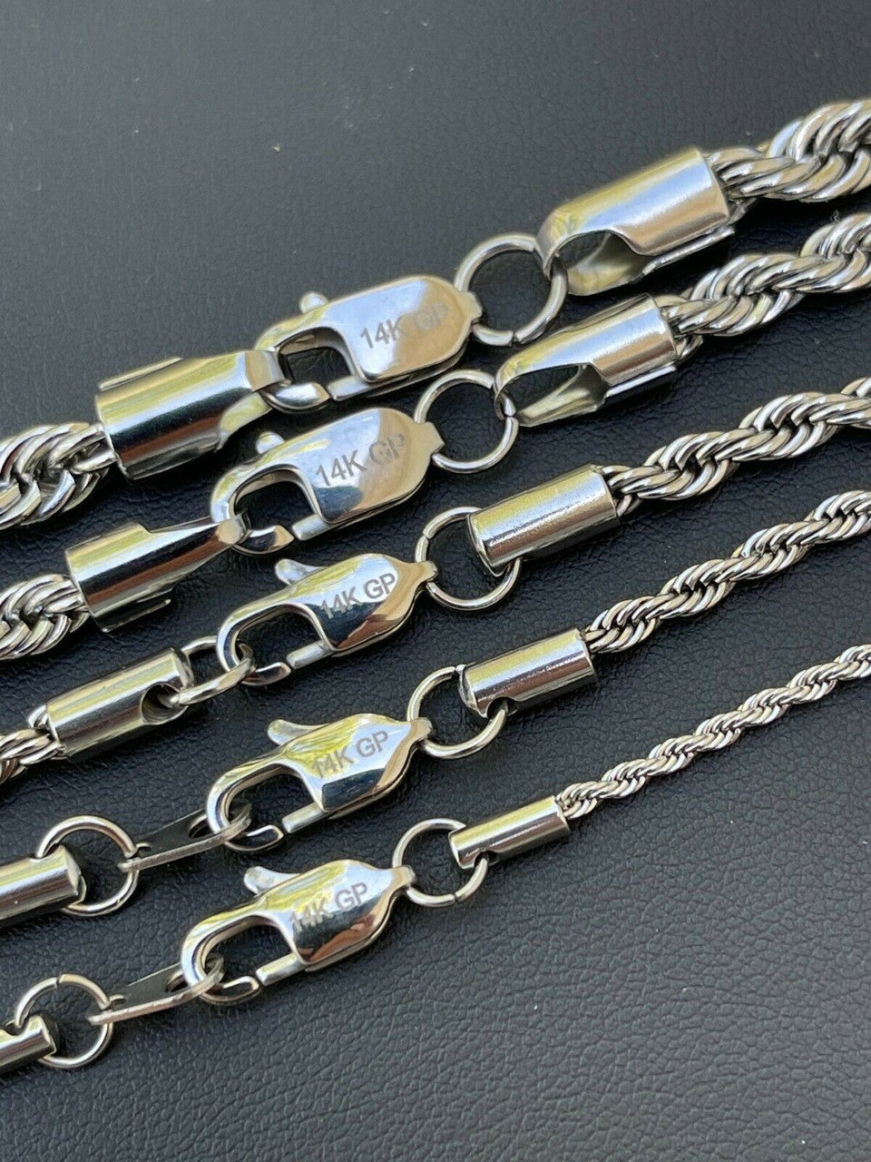 Rope Chain Necklace - White Gold Plated Stainless Steel - 18"-30" - 2mm-6mm