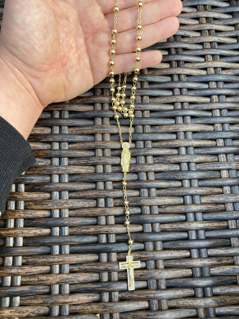 Our Divine Mother Of Jesus Rosary Beads Necklace Iced Out CZ Stones - 14k Gold Vermeil 925 Silver - 6mm - 30"