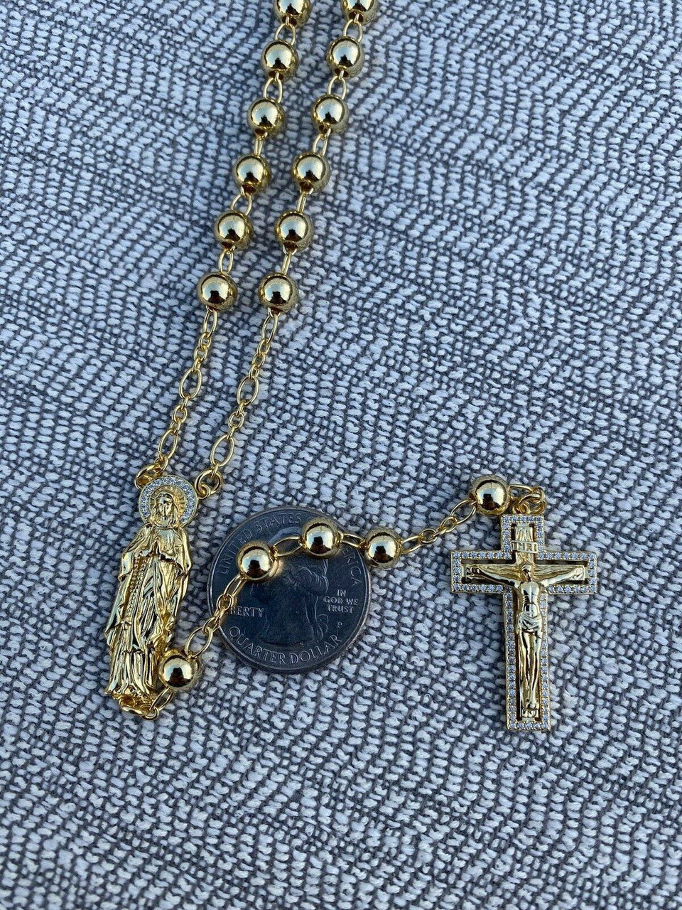 Our Divine Mother Of Jesus Rosary Beads Necklace Iced Out CZ Stones - 14k Gold Vermeil 925 Silver - 6mm - 30"