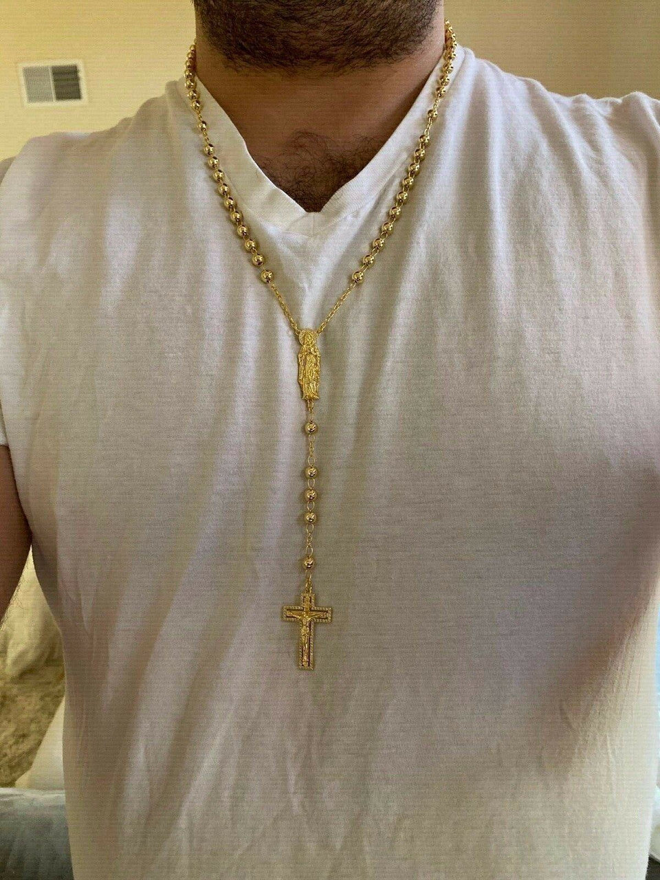 Our Divine Mother Of Jesus Rosary Beads Necklace Iced Out CZ Stones - 14k Gold Vermeil 925 Silver - 6mm - 30"
