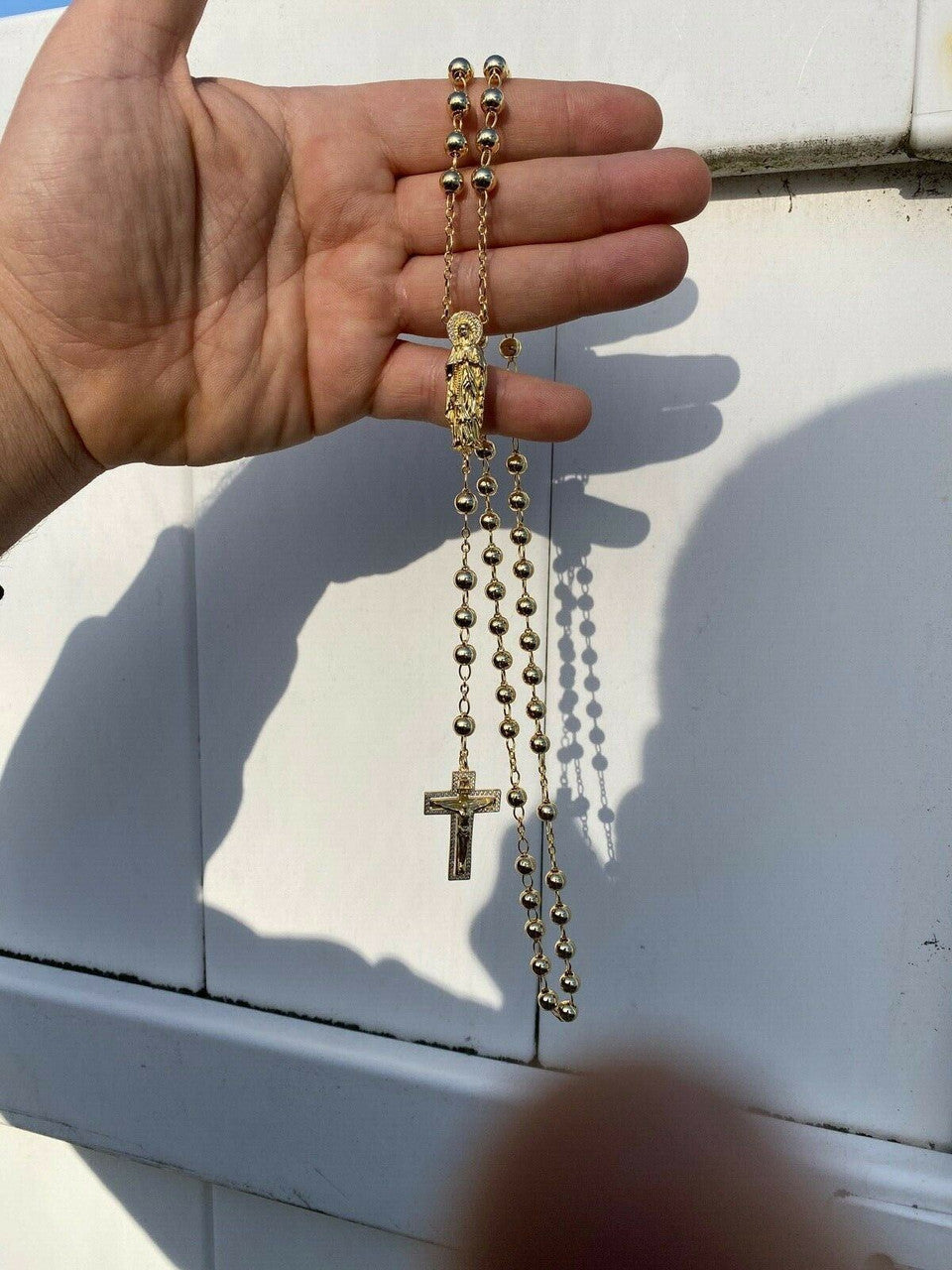 Our Divine Mother Of Jesus Rosary Beads Necklace Iced Out CZ Stones - 14k Gold Vermeil 925 Silver - 6mm - 30"