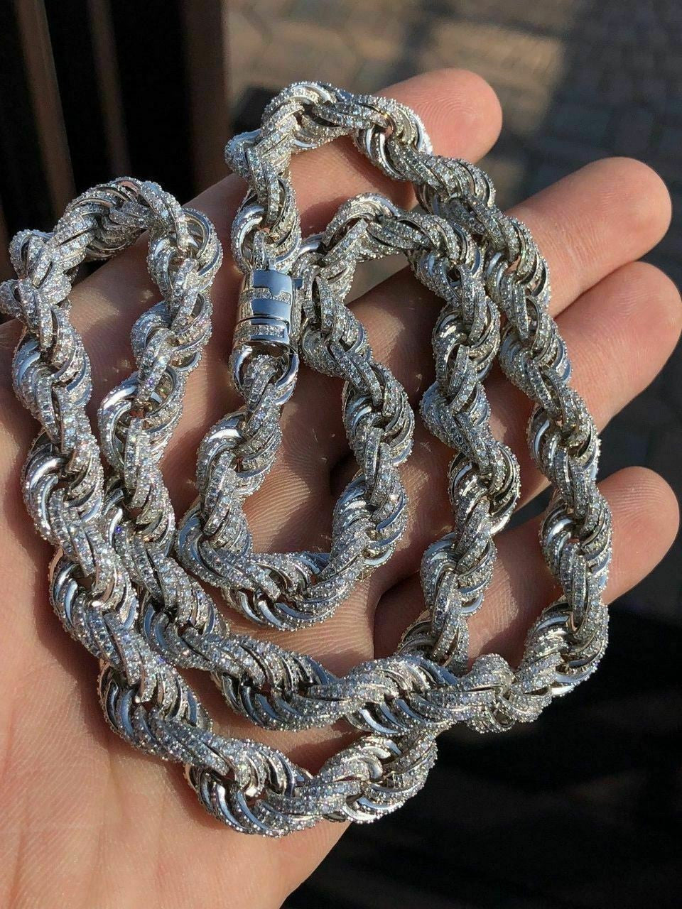 Rope Chain Necklace Iced Out CZ Stones - 925 Silver - 9mm - 16-30"
