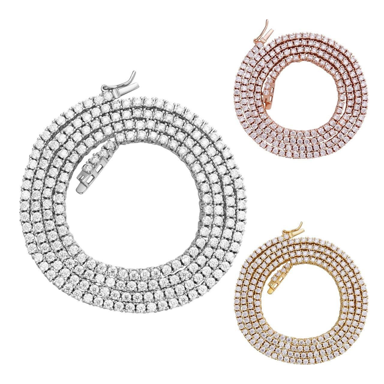 Micro Tennis Chain Necklace Iced Out CZ Stones - 14k Gold Vermeil, Rose Gold Vermeil Or 925 Silver - 2mm - 14"-28"
