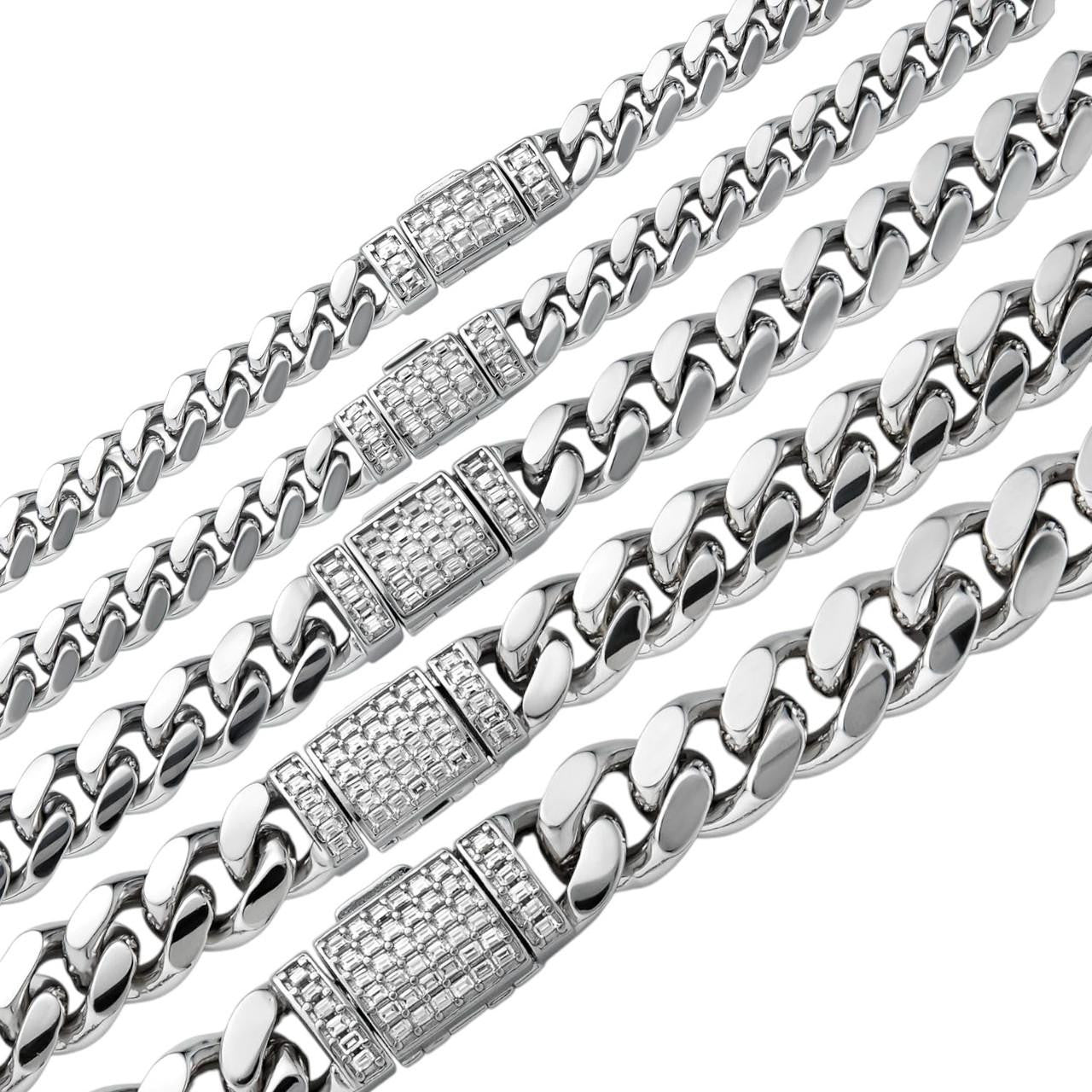 MOISSANITE Baguette Iced Clasp Miami Cuban Link Chain Necklace - 925 Silver - 16"-30" - 5mm-12mm