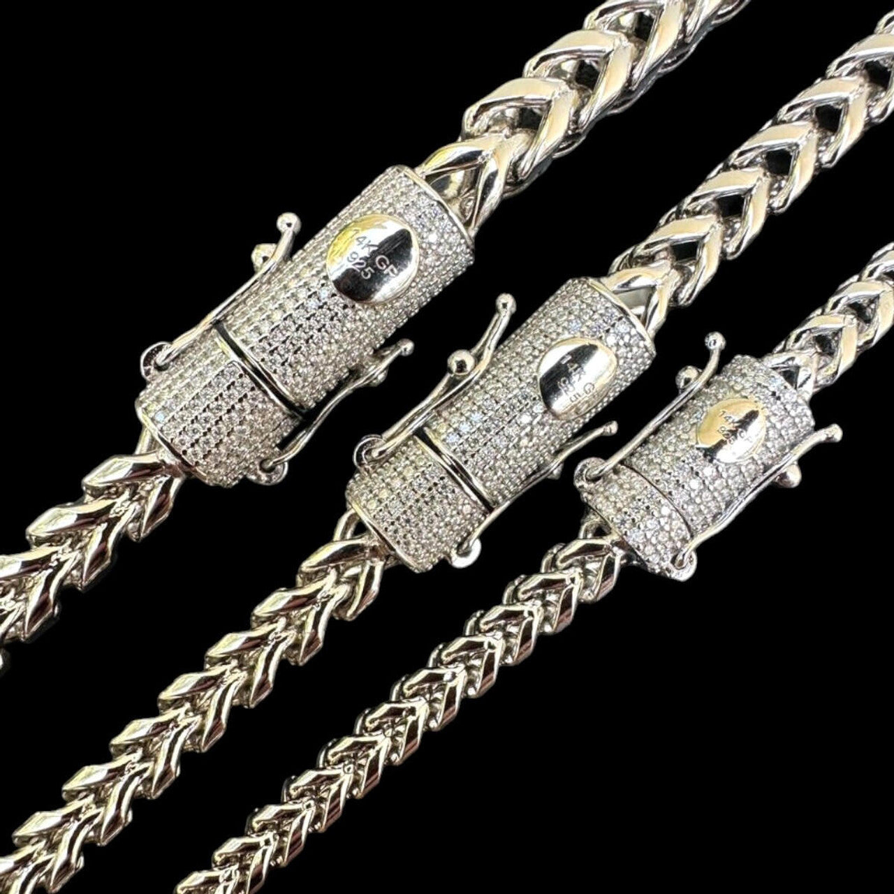 MOISSANITE CLASP Franco Chain Necklace - Stainless Steel W. 925 Silver Clasp - 18"-30" - 4mm-6mm