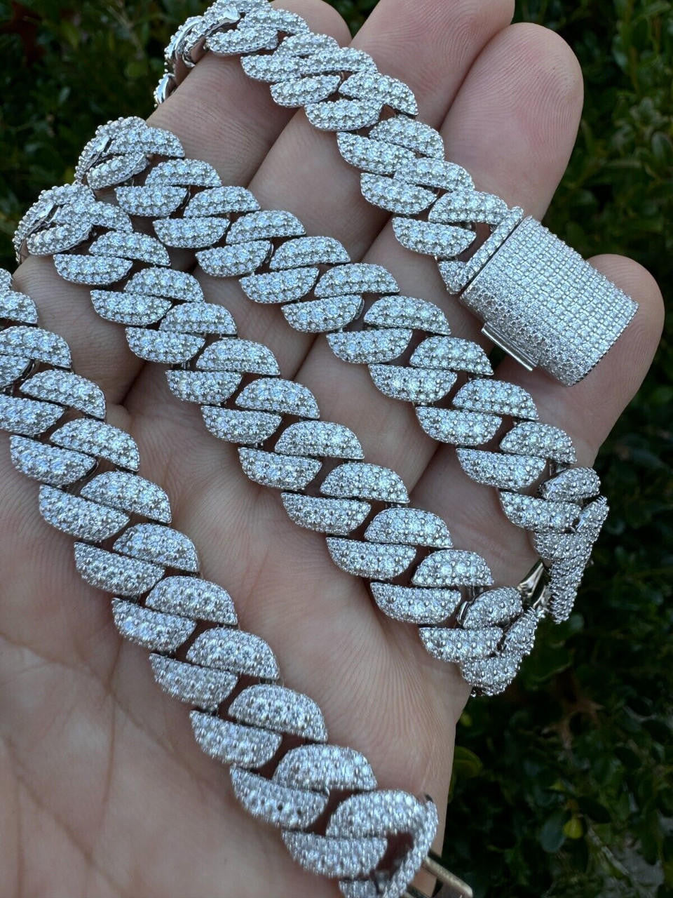 3D Miami Cuban Link Prong Chain Necklace Iced Out - 925 Silver - 10mm-14mm - 16-30"
