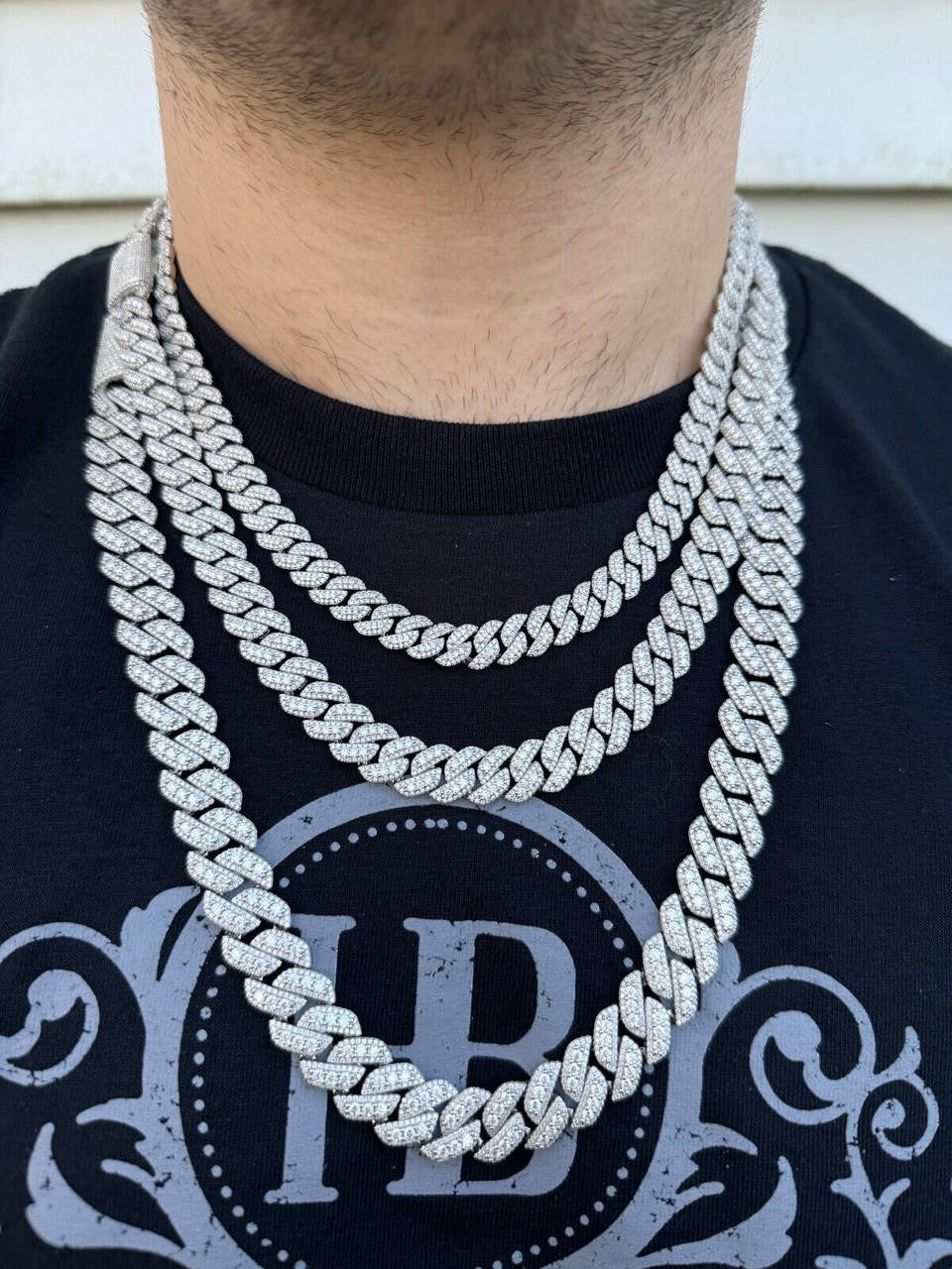 3D Miami Cuban Link Prong Chain Necklace Iced Out - 925 Silver - 10mm-14mm - 16-30"