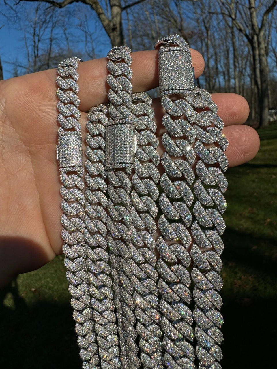 3D Miami Cuban Link Prong Chain Necklace Iced Out - 925 Silver - 10mm-14mm - 16-30"