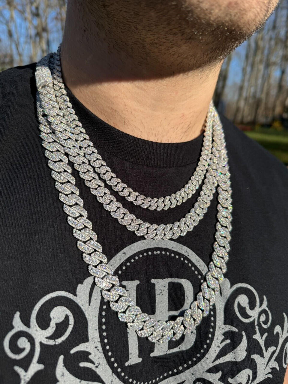 3D Miami Cuban Link Prong Chain Necklace Iced Out - 925 Silver - 10mm-14mm - 16-30"