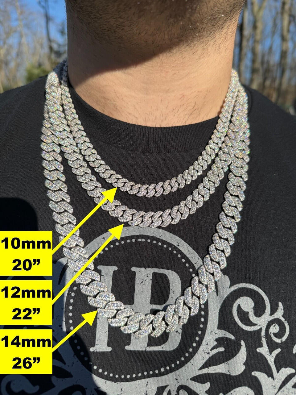 3D Miami Cuban Link Prong Chain Necklace Iced Out - 925 Silver - 10mm-14mm - 16-30"