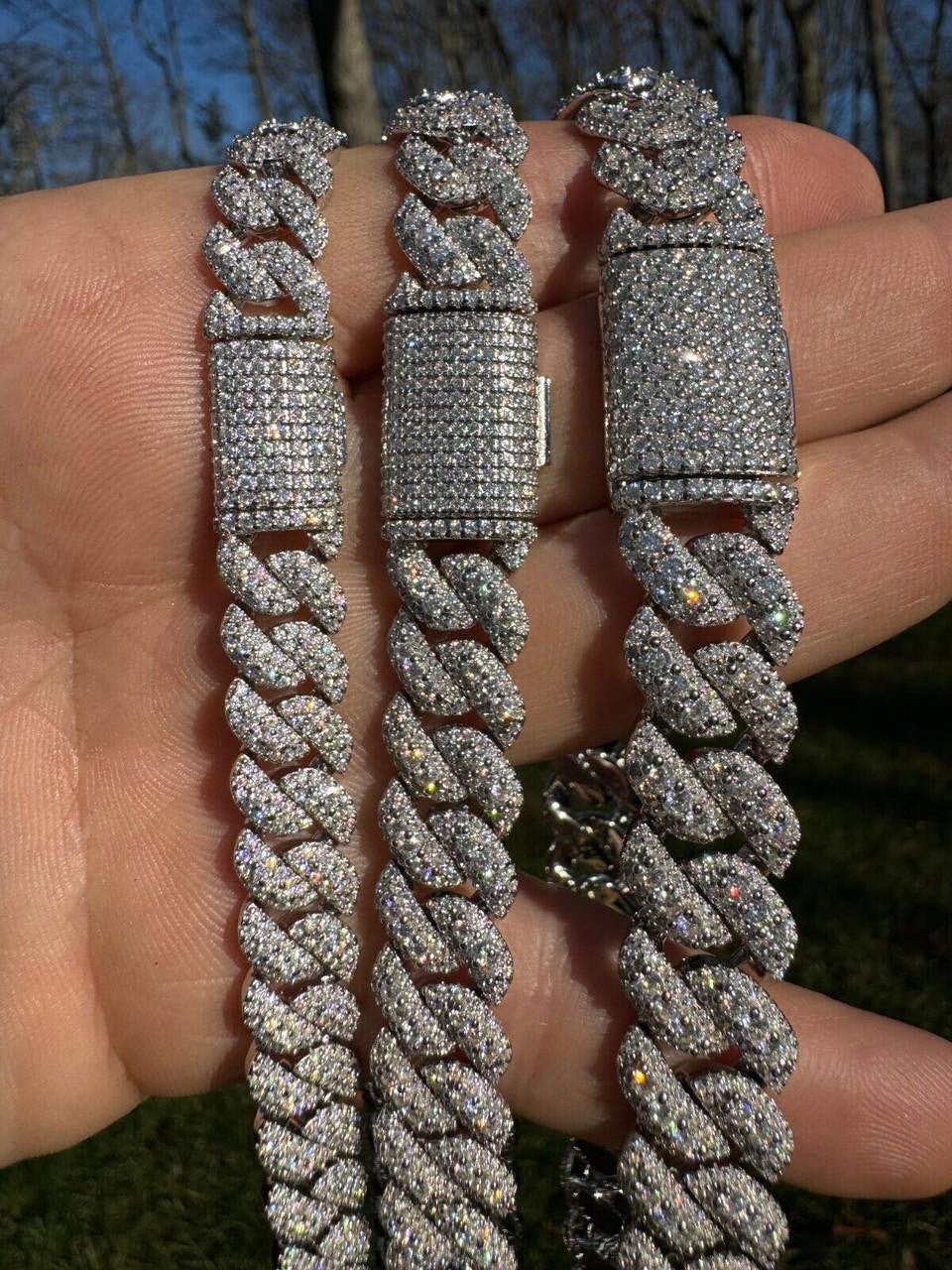 3D Miami Cuban Link Prong Chain Necklace Iced Out - 925 Silver - 10mm-14mm - 16-30"