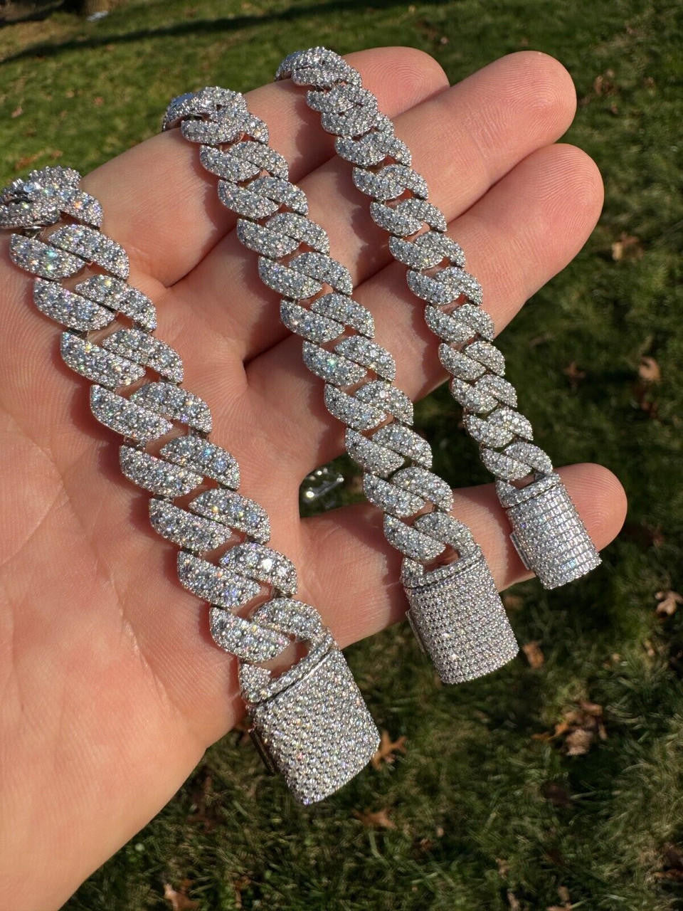 3D Miami Cuban Link Prong Chain Necklace Iced Out - 925 Silver - 10mm-14mm - 16-30"