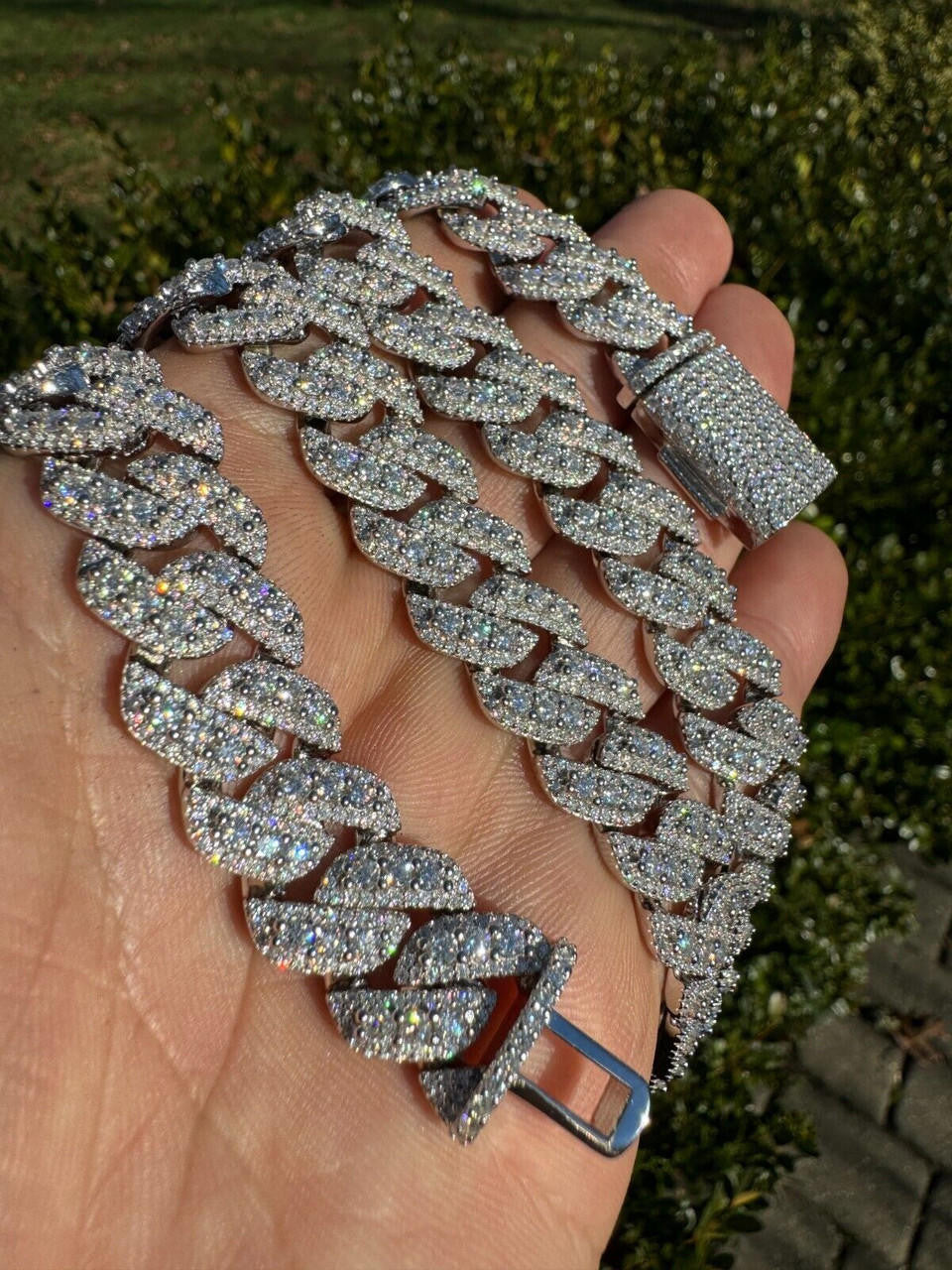 3D Miami Cuban Link Prong Chain Necklace Iced Out - 925 Silver - 10mm-14mm - 16-30"