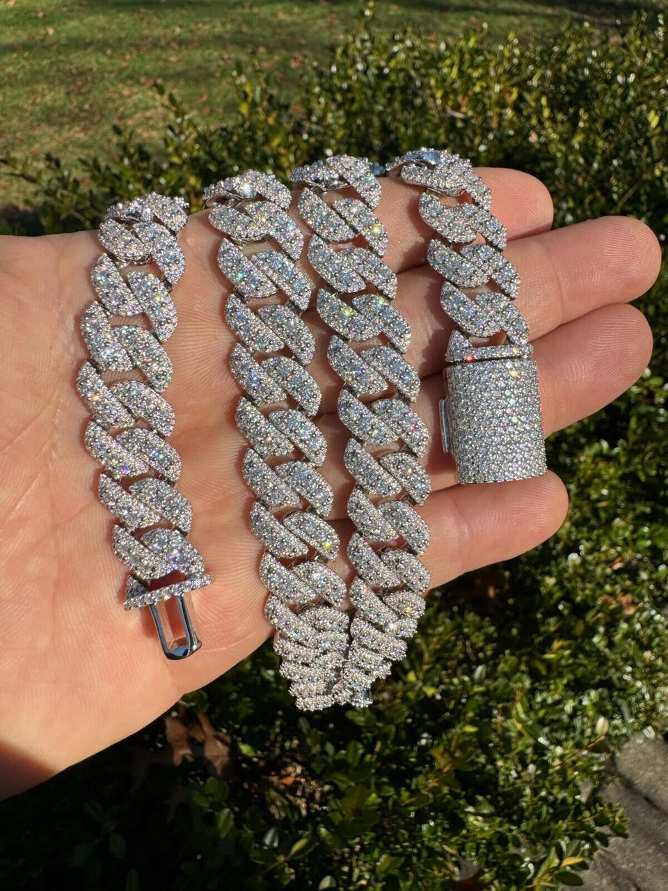 3D Miami Cuban Link Prong Chain Necklace Iced Out - 925 Silver - 10mm-14mm - 16-30"