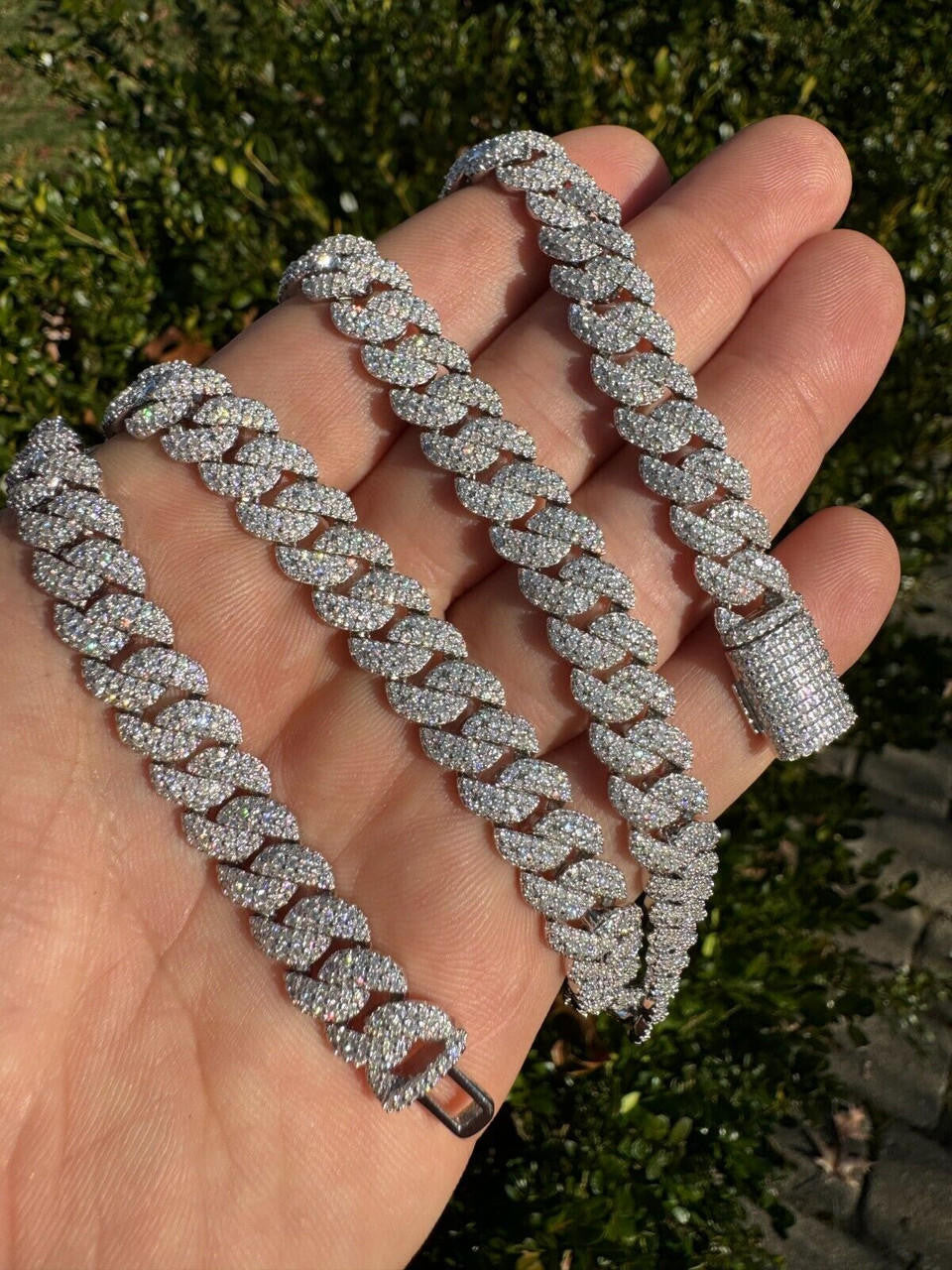 3D Miami Cuban Link Prong Chain Necklace Iced Out - 925 Silver - 10mm-14mm - 16-30"