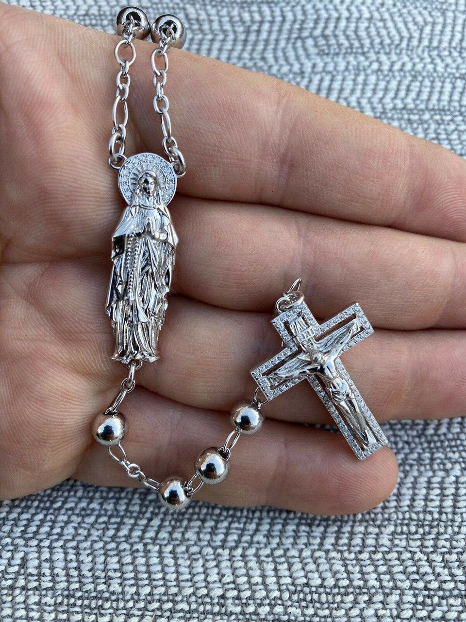 MOISSANITE Our Divine Mother Of Jesus Rosary Beads Necklace Iced Out - 925 Silver - 6mm - 30"