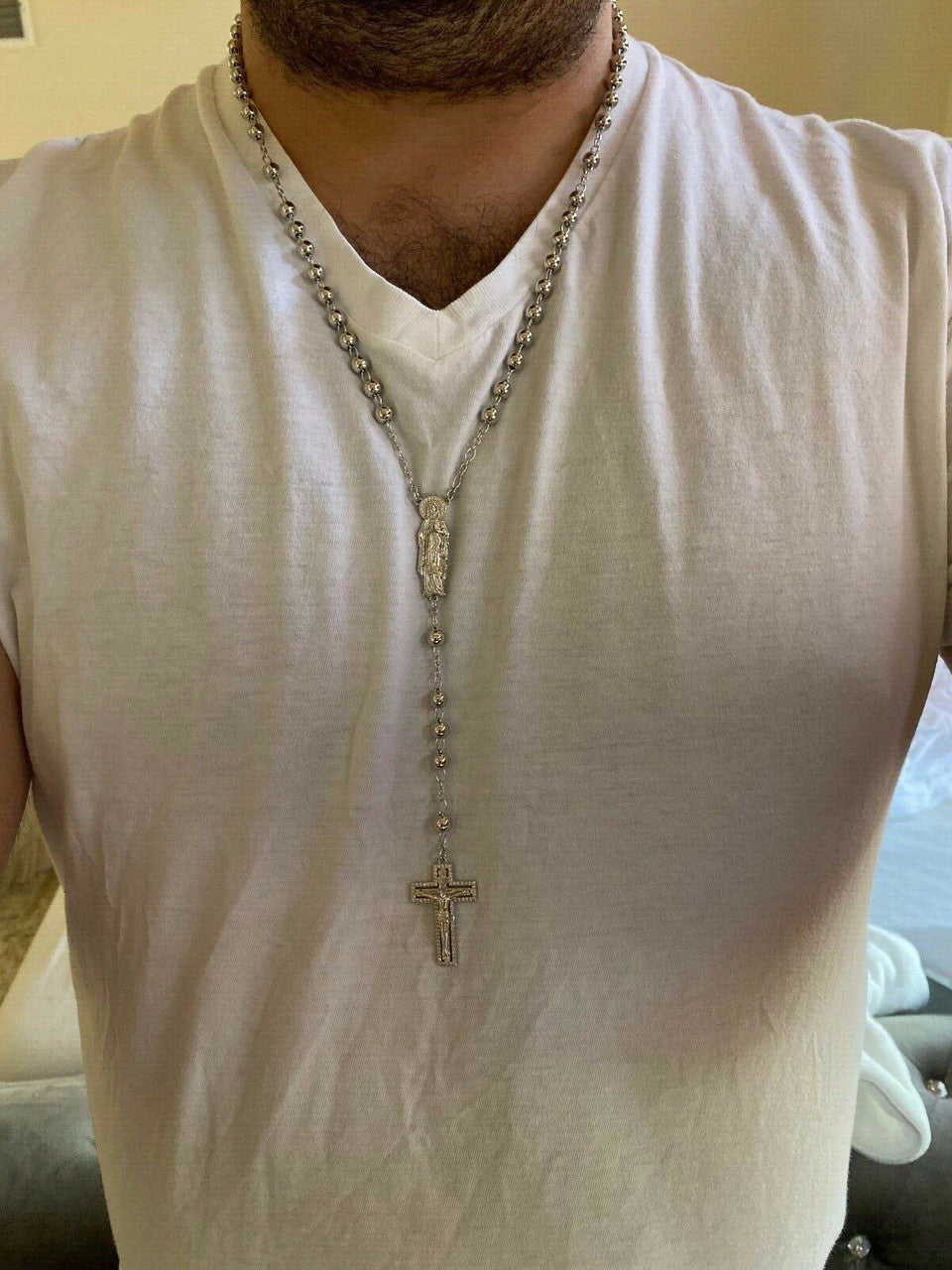 MOISSANITE Our Divine Mother Of Jesus Rosary Beads Necklace Iced Out - 925 Silver - 6mm - 30"