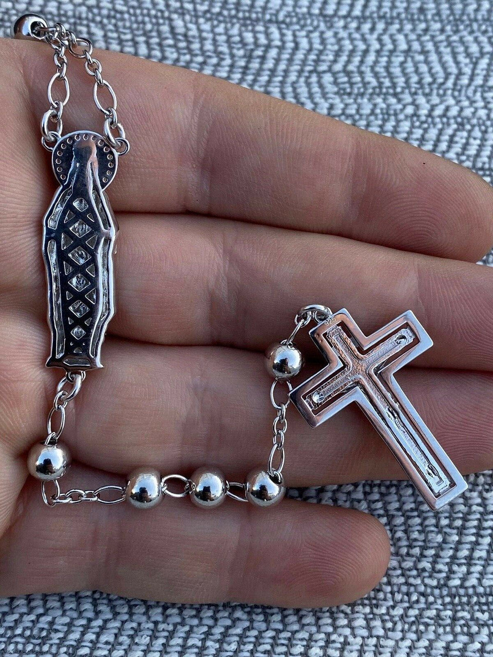 MOISSANITE Our Divine Mother Of Jesus Rosary Beads Necklace Iced Out - 925 Silver - 6mm - 30"