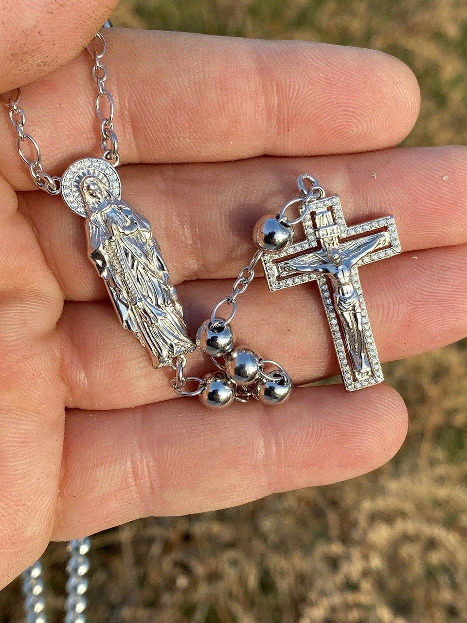 MOISSANITE Our Divine Mother Of Jesus Rosary Beads Necklace Iced Out - 925 Silver - 6mm - 30"