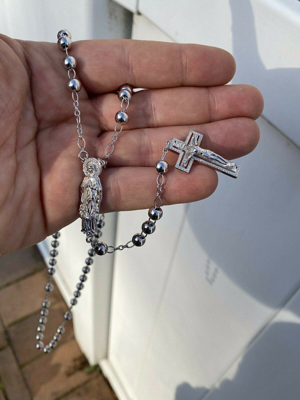 MOISSANITE Our Divine Mother Of Jesus Rosary Beads Necklace Iced Out - 925 Silver - 6mm - 30"