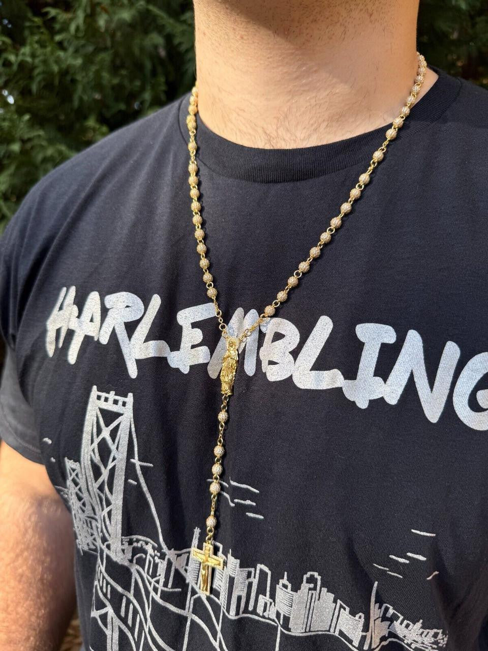 MOISSANITE Sinaloa Cartel Fully Iced Out Rosary Beads Necklace - 14k Gold Vermeil 925 Silver - 6mm - 30"