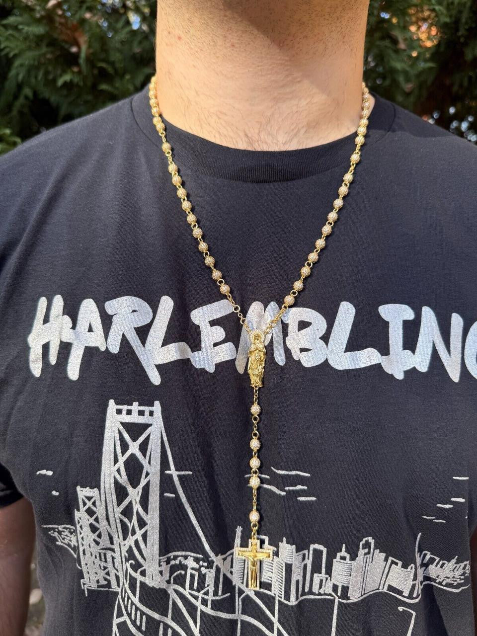 MOISSANITE Sinaloa Cartel Fully Iced Out Rosary Beads Necklace - 14k Gold Vermeil 925 Silver - 6mm - 30"
