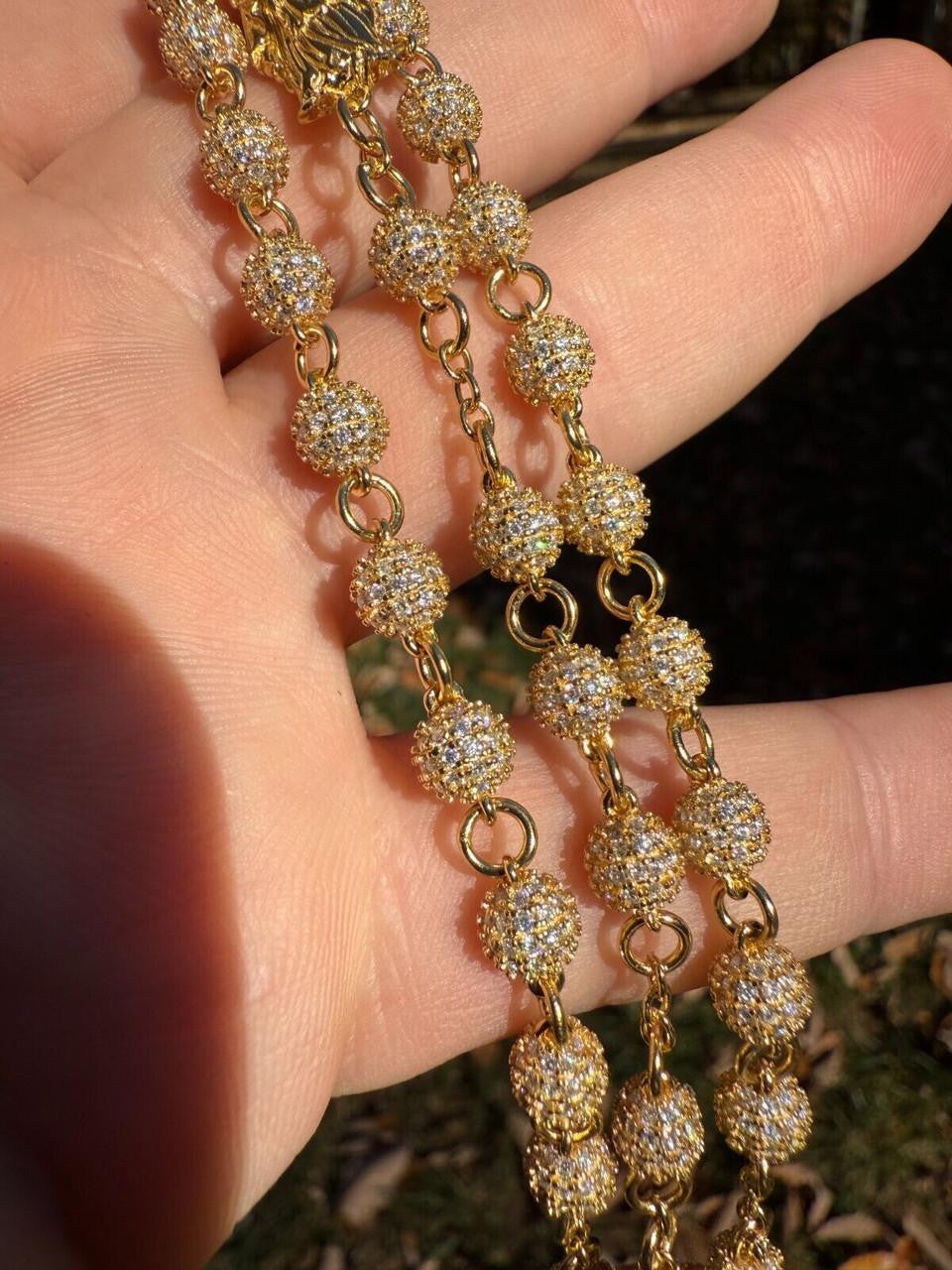 MOISSANITE Sinaloa Cartel Fully Iced Out Rosary Beads Necklace - 14k Gold Vermeil 925 Silver - 6mm - 30"