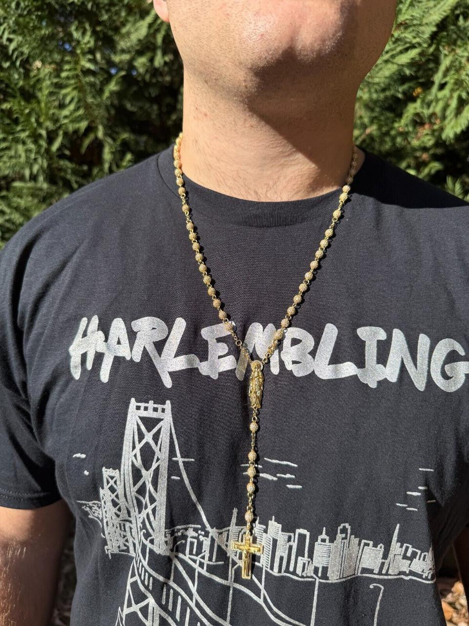 MOISSANITE Sinaloa Cartel Fully Iced Out Rosary Beads Necklace - 14k Gold Vermeil 925 Silver - 6mm - 30"