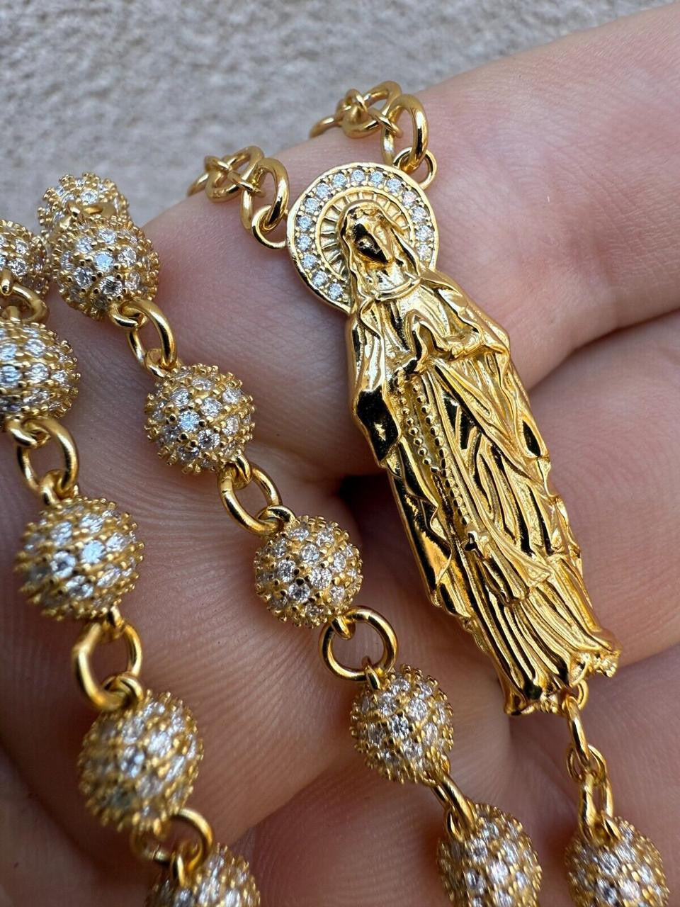 MOISSANITE Sinaloa Cartel Fully Iced Out Rosary Beads Necklace - 14k Gold Vermeil 925 Silver - 6mm - 30"