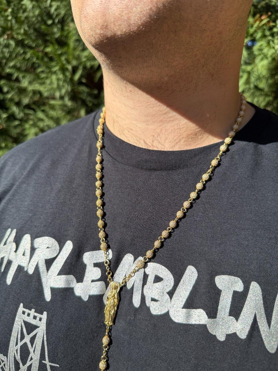 MOISSANITE Sinaloa Cartel Fully Iced Out Rosary Beads Necklace - 14k Gold Vermeil 925 Silver - 6mm - 30"
