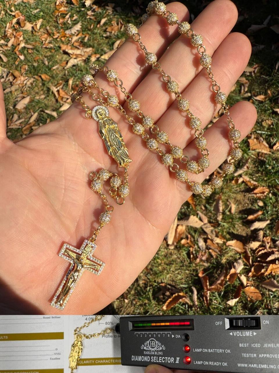 MOISSANITE Sinaloa Cartel Fully Iced Out Rosary Beads Necklace - 14k Gold Vermeil 925 Silver - 6mm - 30"